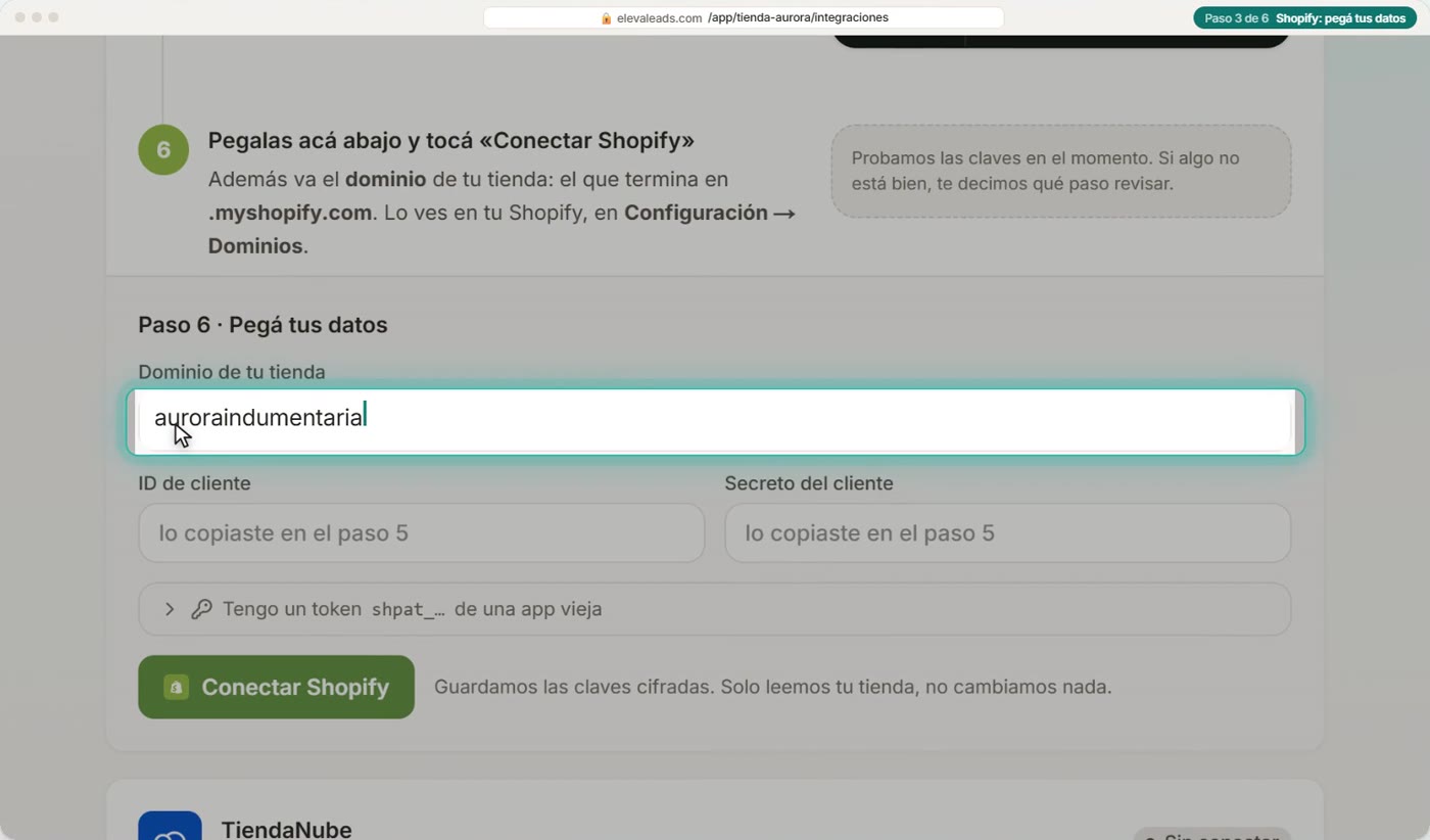 Shopify: pegá tus datos