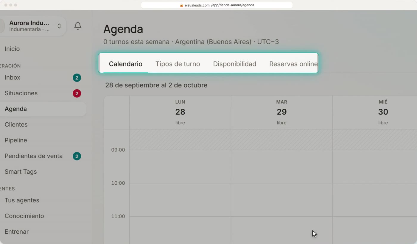 Tipos de turno y disponibilidad