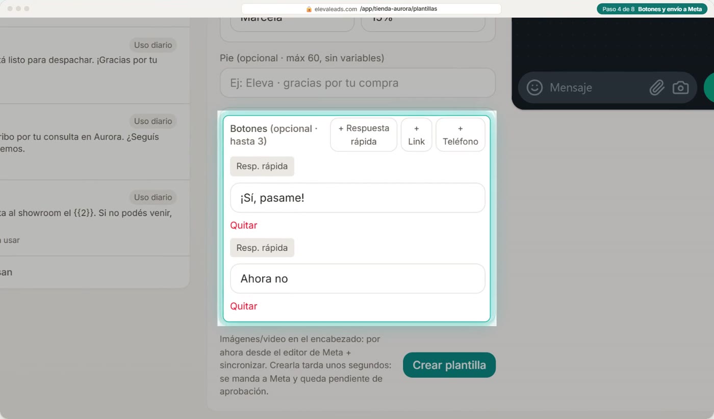 Botones y envío a Meta